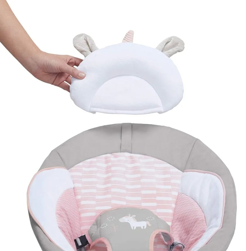 Ingenuity Beruhigende Babywippe mit Vibrationen, Spielzeugstange und Geräuschen, 0-6 Monate bis zu 9 kg (Pink Flora das Einhorn), B-WARE