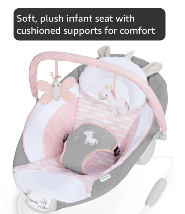 Ingenuity Beruhigende Babywippe mit Vibrationen, Spielzeugstange und Geräuschen, 0-6 Monate bis zu 9 kg (Pink Flora das Einhorn), B-WARE