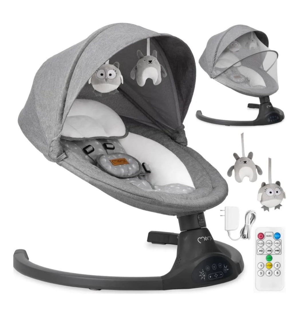 MoMi KENANI – Elektrische Babywippe mit Bluetooth, Fernbedienung & Musik, 5 Stufen – inkl. Moskitonetz – Dunkelgrau, B-WARE