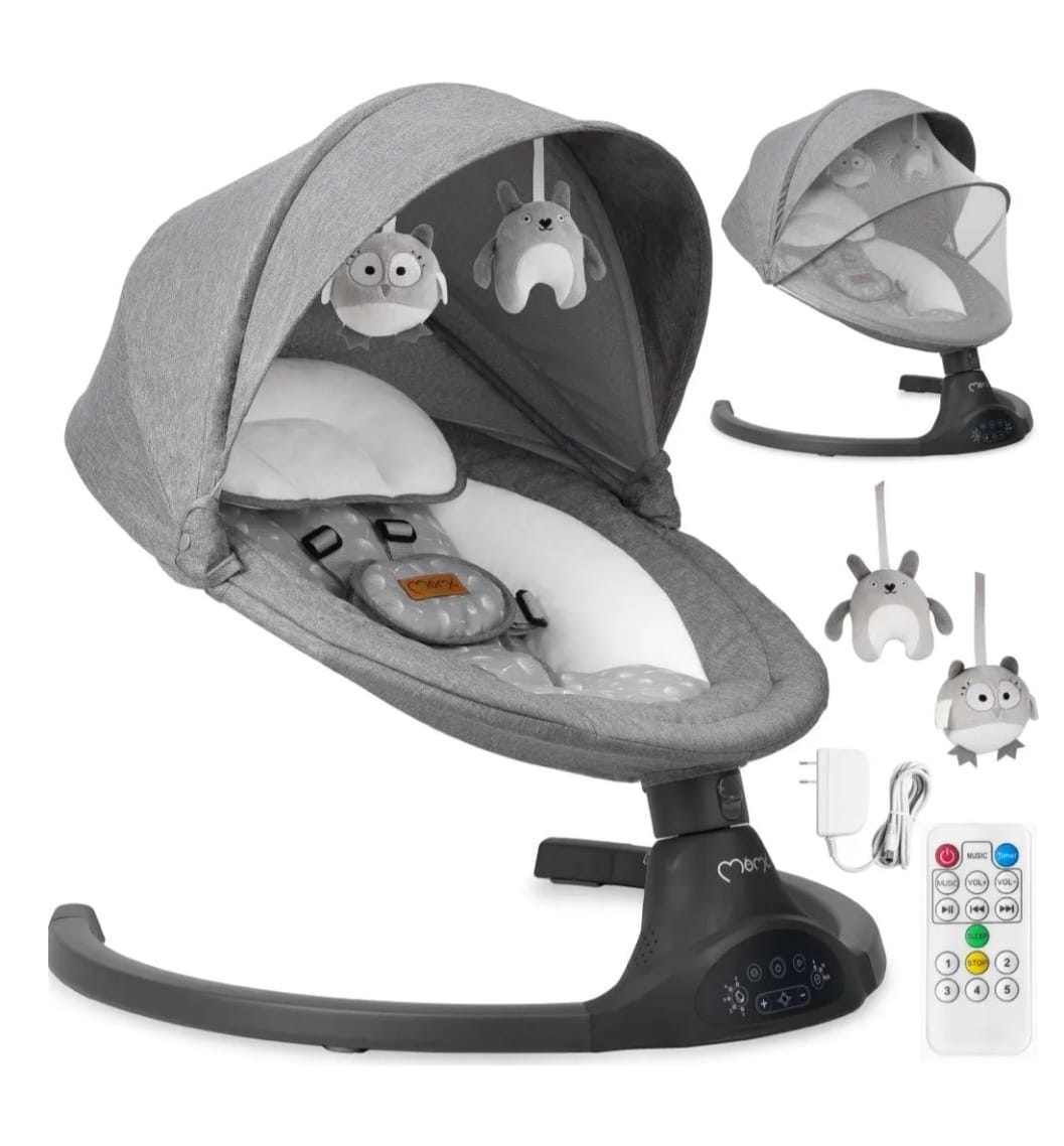 MoMi KENANI – Elektrische Babywippe mit Bluetooth, Fernbedienung & Musik, 5 Stufen – inkl. Moskitonetz – Dunkelgrau, B-WARE