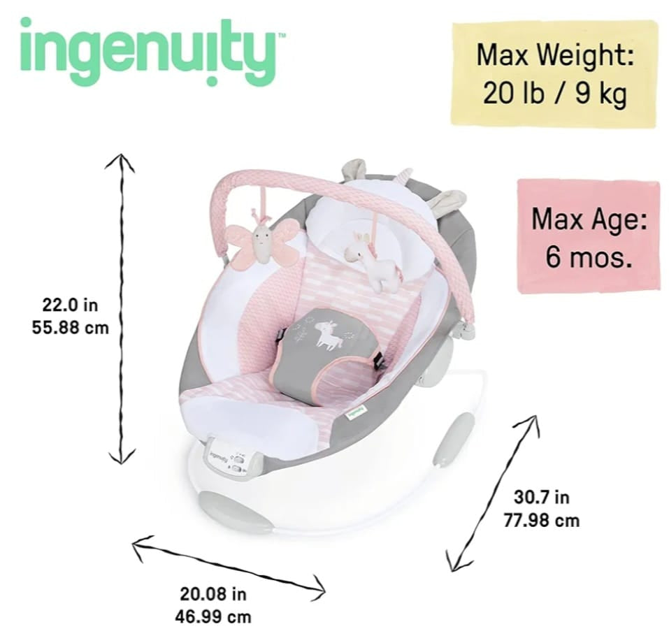 Ingenuity Beruhigende Babywippe mit Vibrationen, Spielzeugstange und Geräuschen, 0-6 Monate bis zu 9 kg (Pink Flora das Einhorn), B-WARE