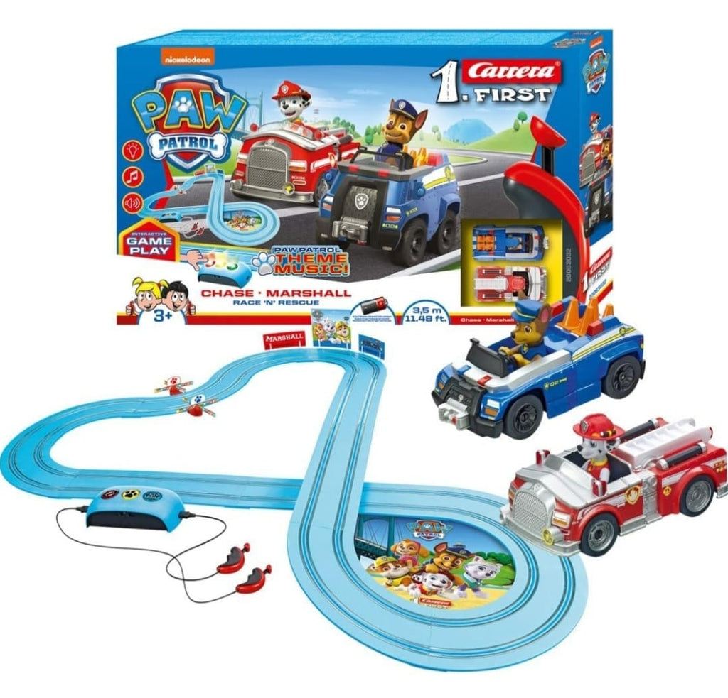 Carrera - 20063032 First PAW Patrol Race 'N' Rescue 2,4m Rennstrecken-Set | 2 ferngesteuerte Fahrzeuge mit Chase & Marshall | mit Handregler & Streckenteilen, B-WARE