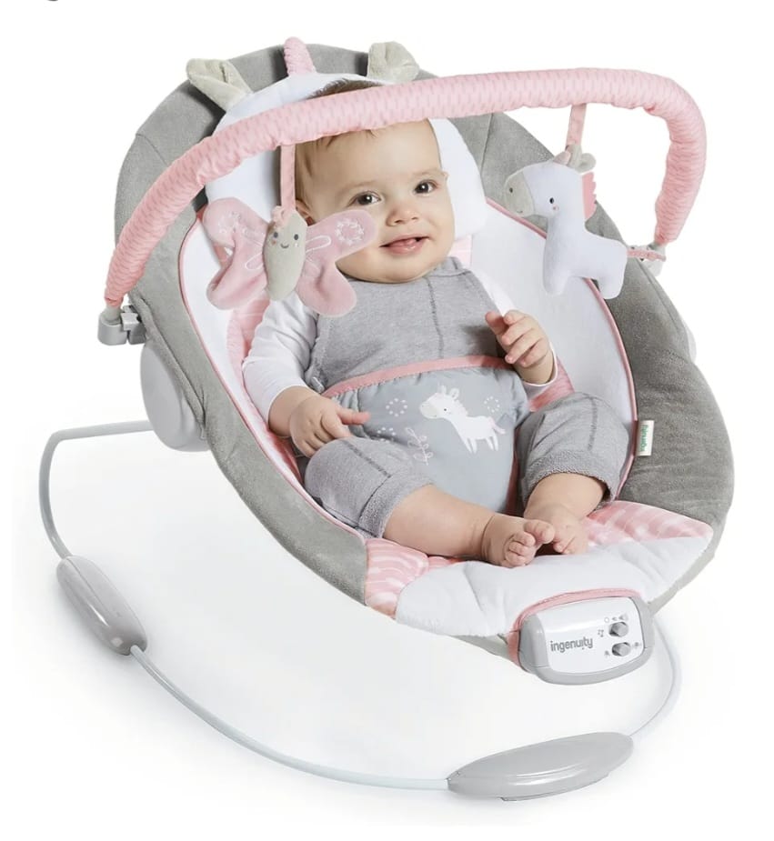 Ingenuity Beruhigende Babywippe mit Vibrationen, Spielzeugstange und Geräuschen, 0-6 Monate bis zu 9 kg (Pink Flora das Einhorn), B-WARE