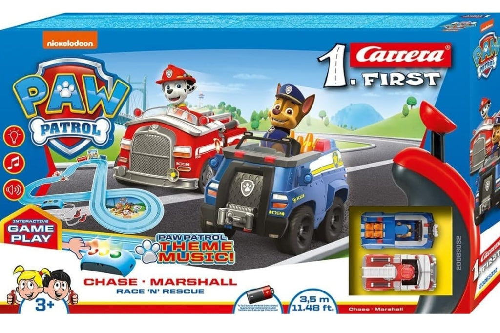 Carrera - 20063032 First PAW Patrol Race 'N' Rescue 2,4m Rennstrecken-Set | 2 ferngesteuerte Fahrzeuge mit Chase & Marshall | mit Handregler & Streckenteilen, B-WARE