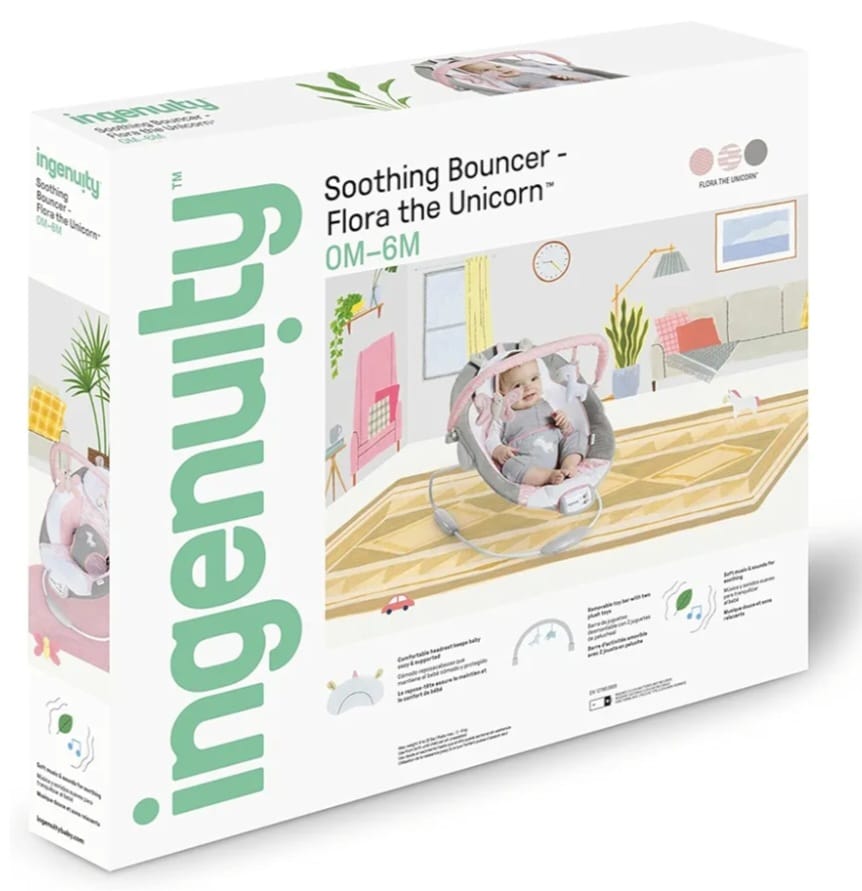 Ingenuity Beruhigende Babywippe mit Vibrationen, Spielzeugstange und Geräuschen, 0-6 Monate bis zu 9 kg (Pink Flora das Einhorn), B-WARE