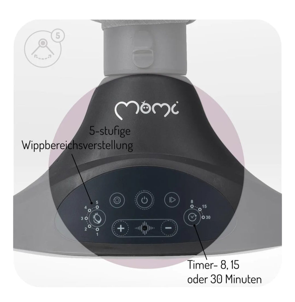 MoMi KENANI – Elektrische Babywippe mit Bluetooth, Fernbedienung & Musik, 5 Stufen – inkl. Moskitonetz – Dunkelgrau, B-WARE