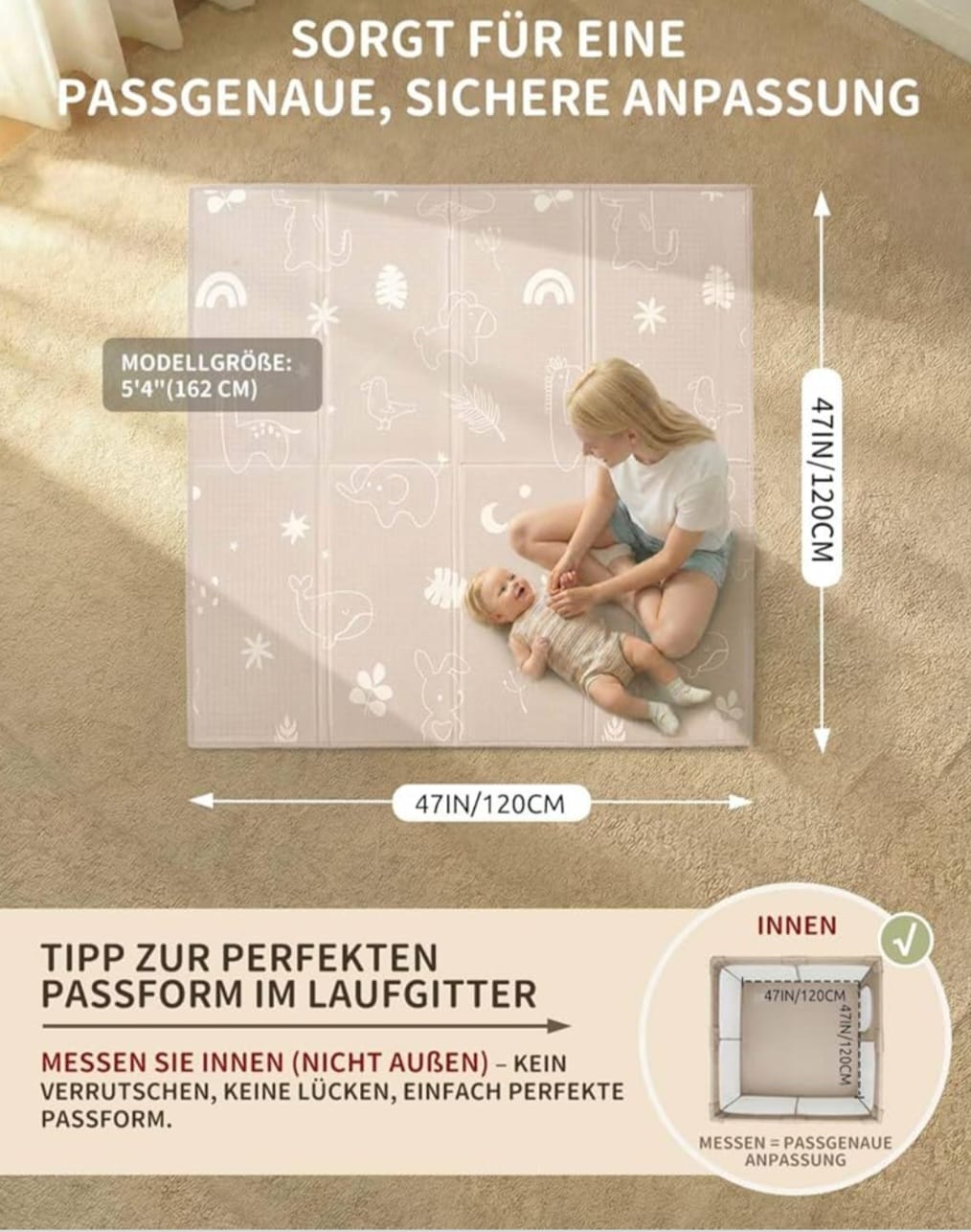 Joypony Krabbelmatte Baby Faltbar, 120 x 120 x 1cm Spielmatte Kinder,Krabbeldecke, B-WARE