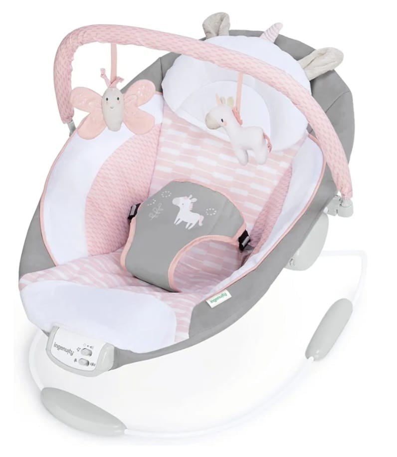 Ingenuity Beruhigende Babywippe mit Vibrationen, Spielzeugstange und Geräuschen, 0-6 Monate bis zu 9 kg (Pink Flora das Einhorn), B-WARE
