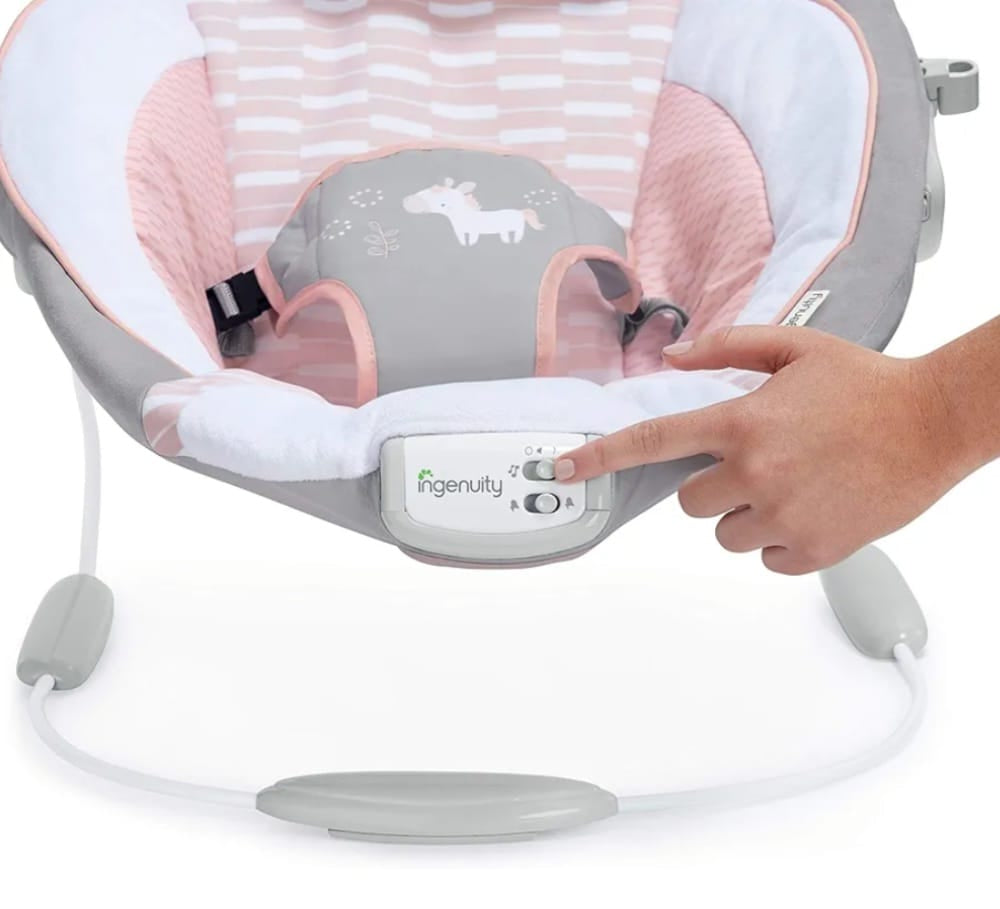 Ingenuity Beruhigende Babywippe mit Vibrationen, Spielzeugstange und Geräuschen, 0-6 Monate bis zu 9 kg (Pink Flora das Einhorn), B-WARE